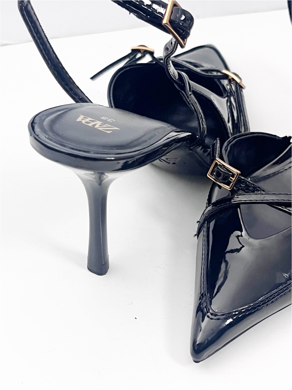 ZARA Black Patent Leather Strappy Pointy Toe Slingback Heels Size 38 Classic - Picture 4 of 11